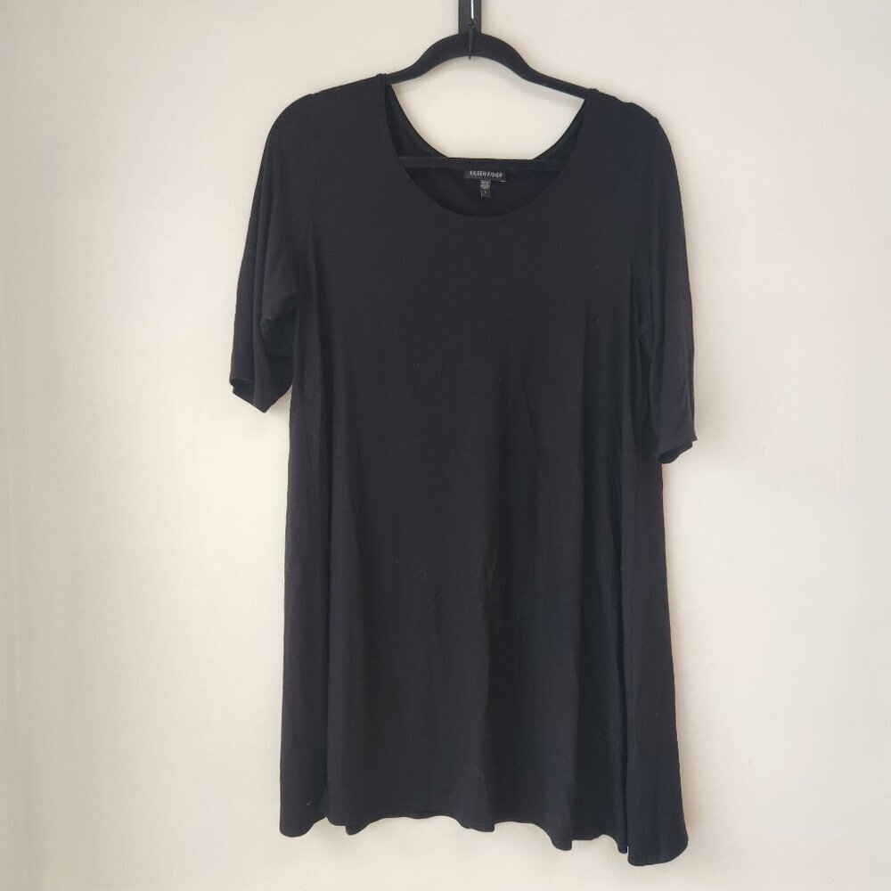 Eileen Fisher Black Stretch Rayon Shift Dress Classic Minimalist Comfy Women's L